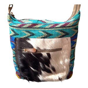 Myra Bag Multicolor Canvas & Leather Crossbody Bag - 10" Cowhide Hair Southwest